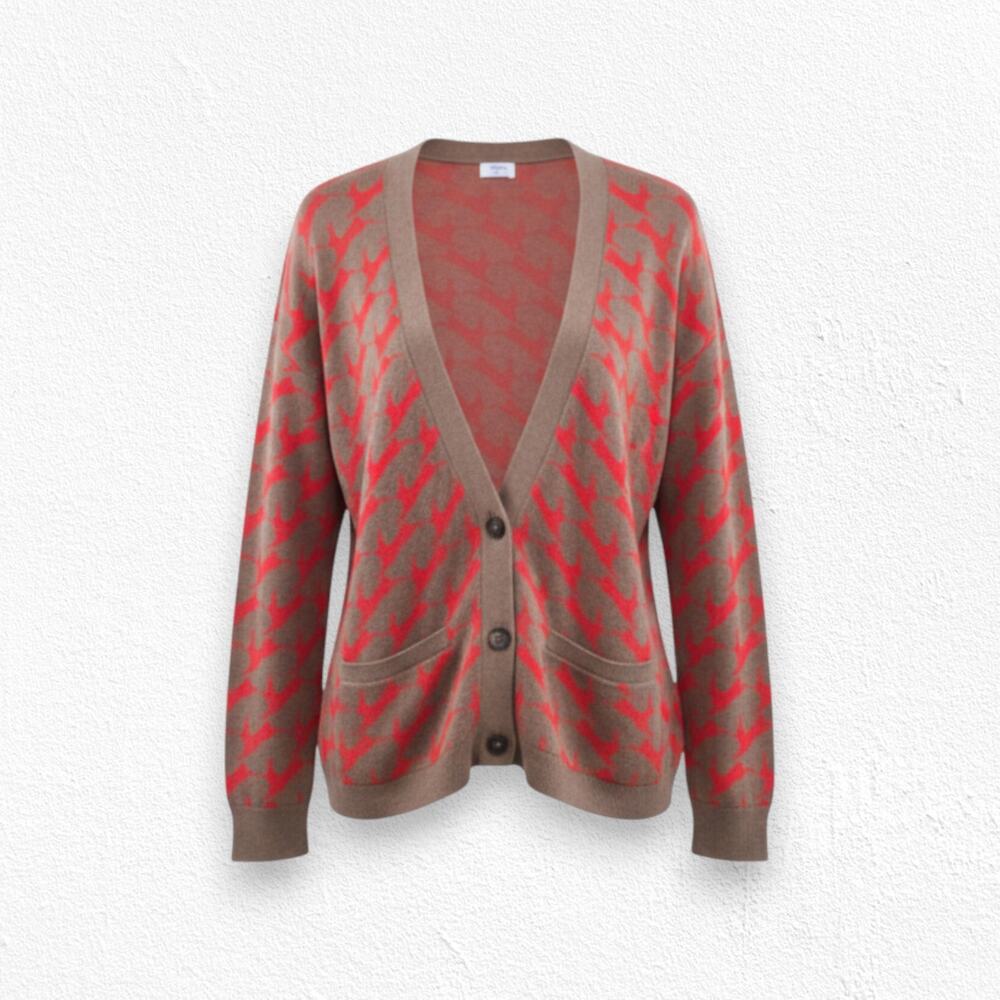 Wallace Brown Red Rabbit Print Cardigan Cotton Wool Blend Sweater Size Medium